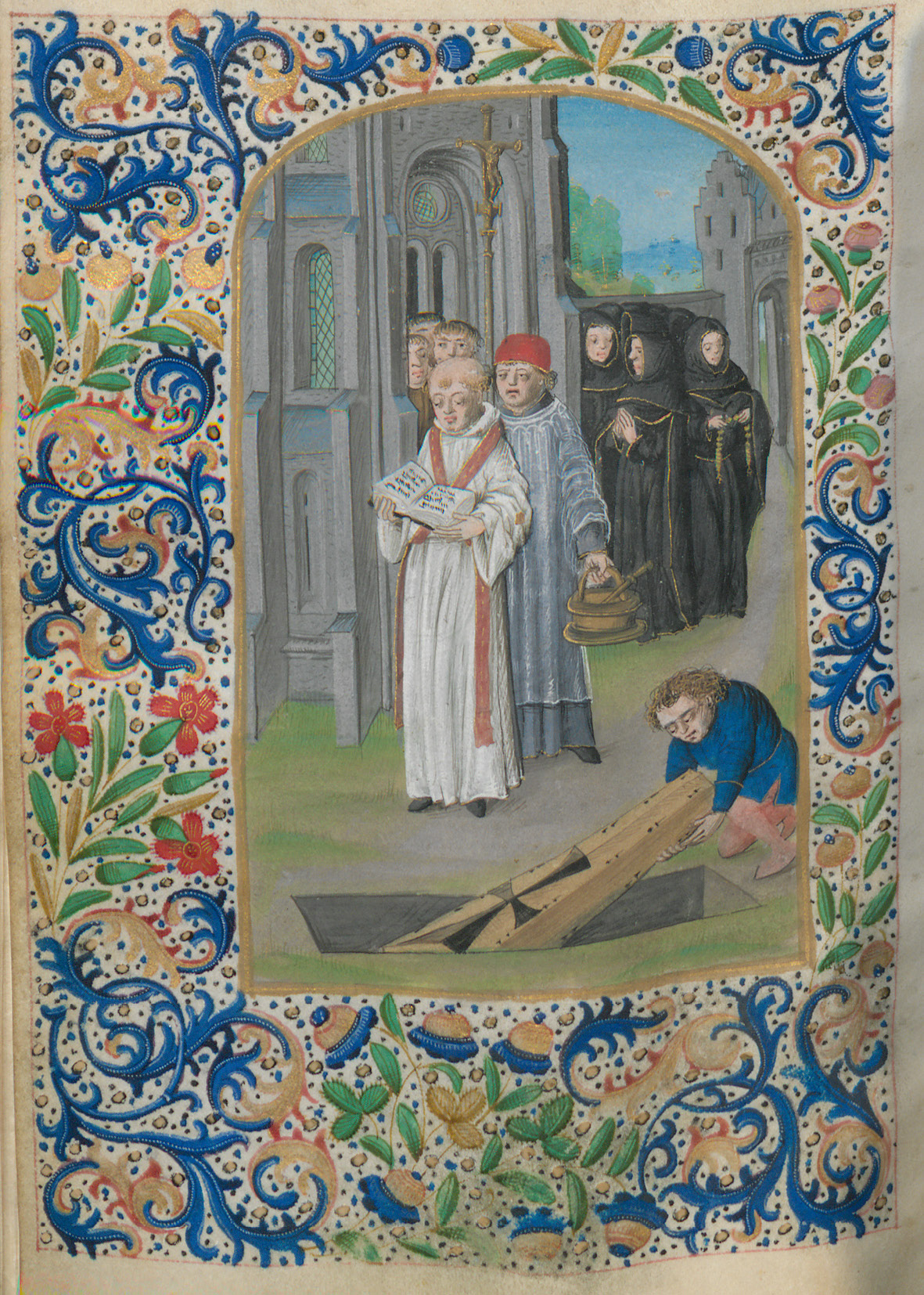 Full-page miniature in a book of hours made in the Southern Netherlands showing a priest or decan leading a procession to a grave in a churchyard. He is carrying an open book while walking outside.