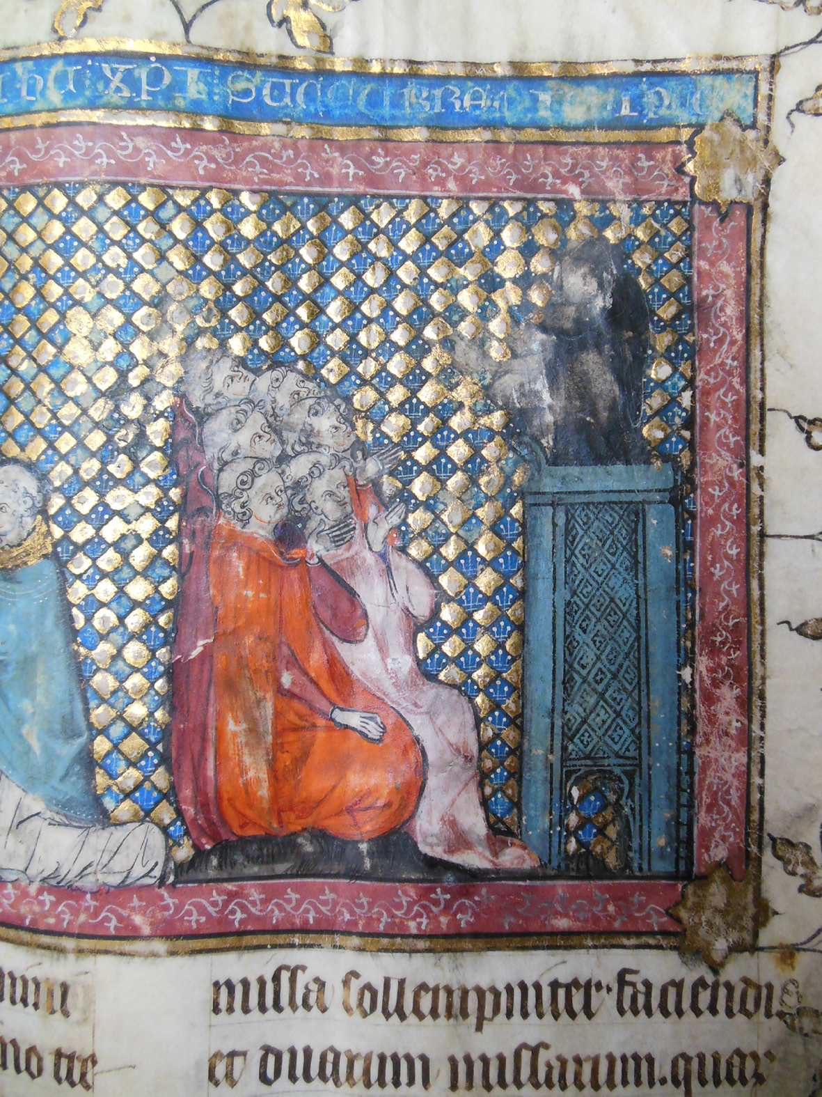 Detail from the the Grand Obituary of Notre-Dame, showing the funeral of Simon de Guiberville, A miniature depicts Simon preaching to an audience. The face and hands of Simon have been touched multiple times.