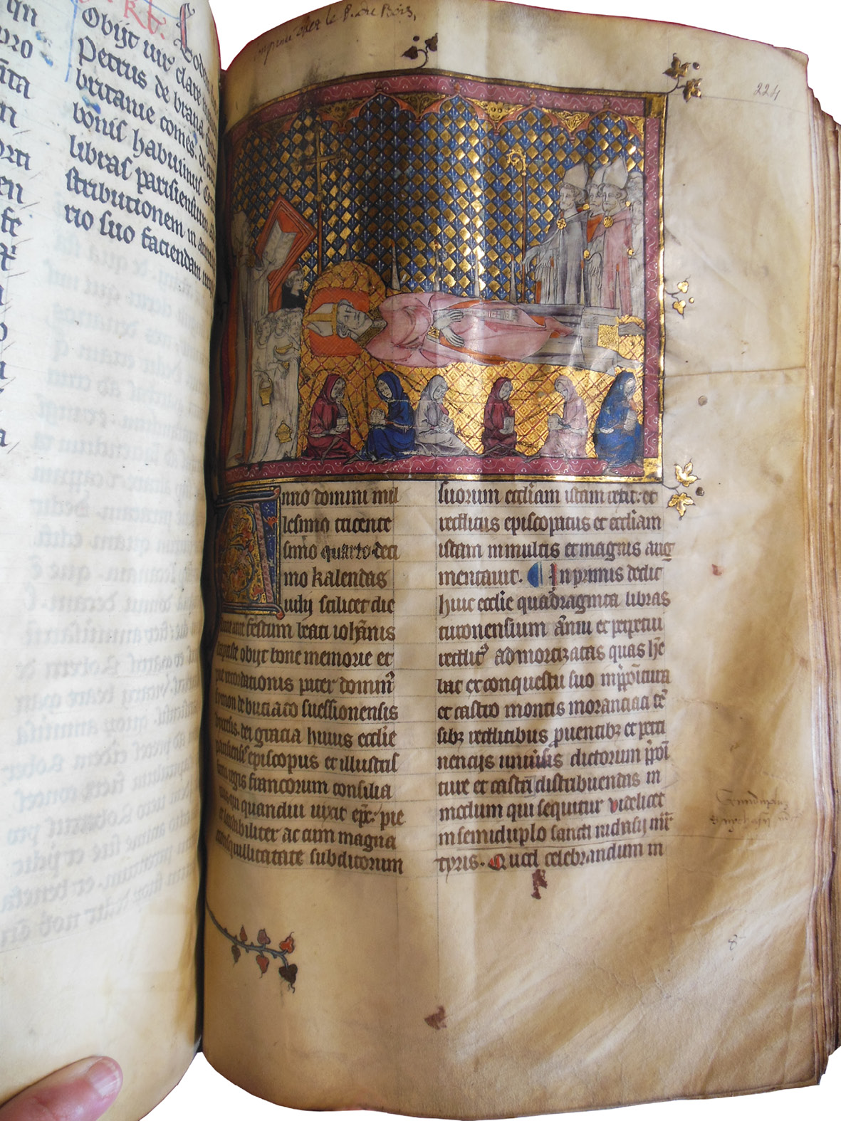 Folio which has been added to the Grand Obituary of Notre-Dame. It contains the obituary of Bishop Simon Matifas de Bucy, with an image of his funeral. The entry is dated June 22, 1304. The margins of the page are quite clean.