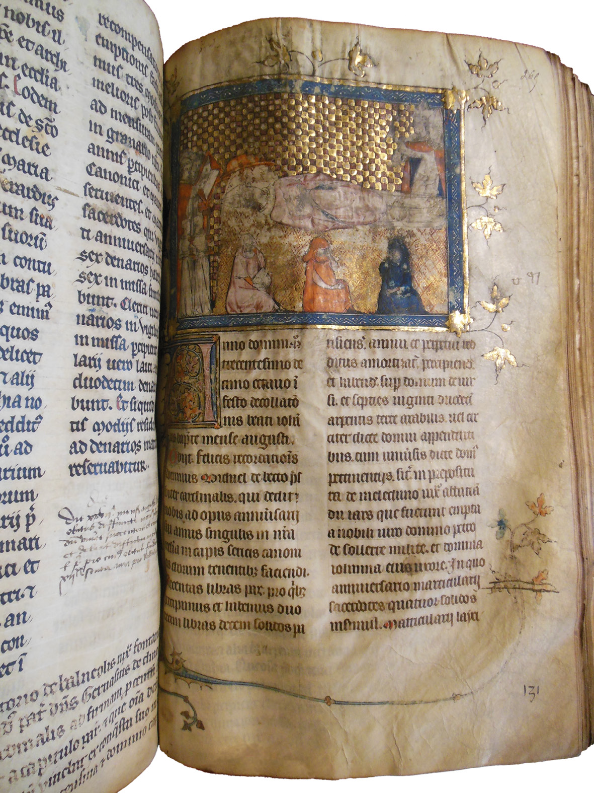 Folio which has been added to the Grand Obituary of Notre-Dame. It contains the obituary of Funeral of Cardinal Michel du Bec, dated August 22, 1318. The image has been severely abraded from touching.