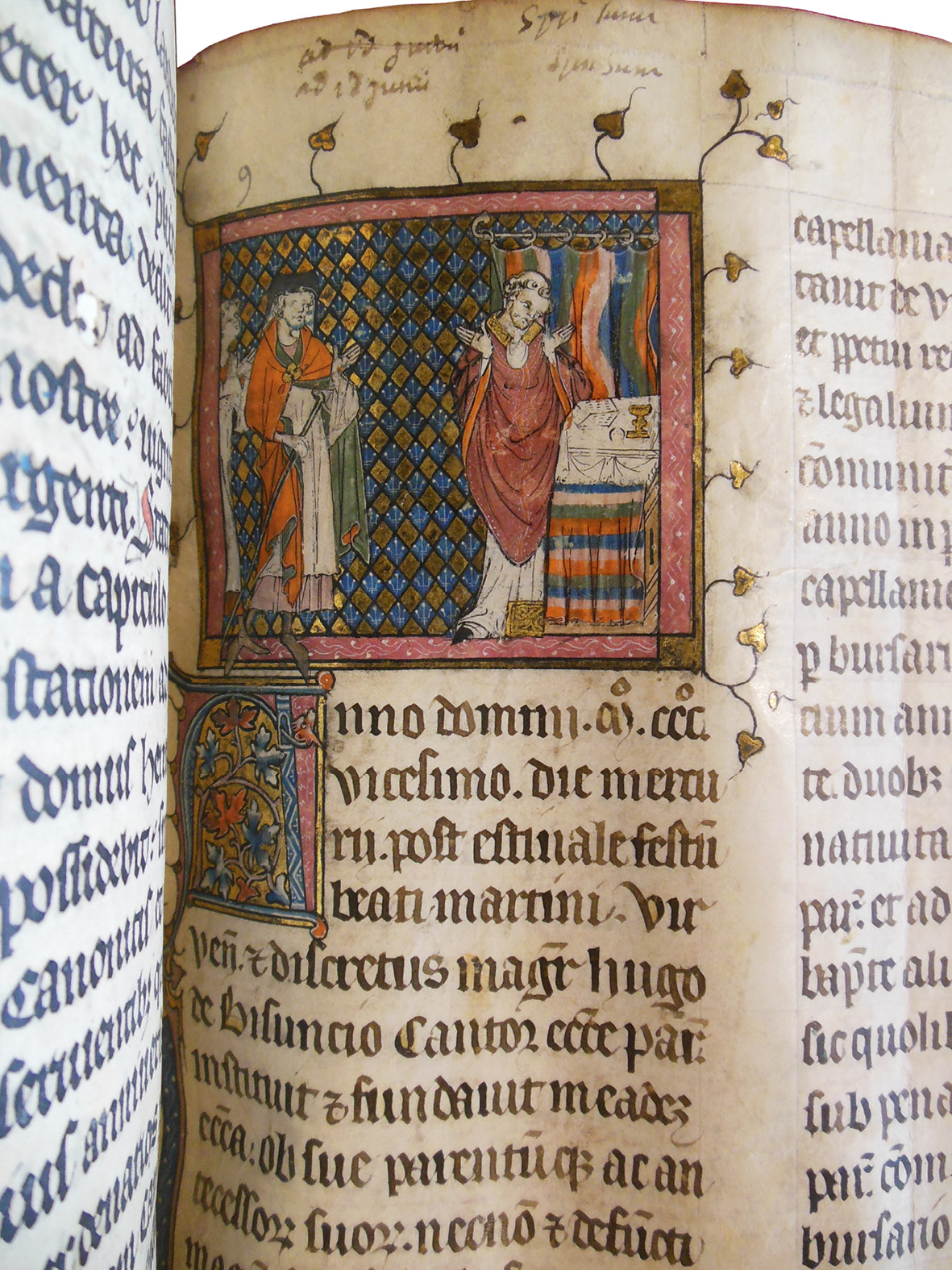 Detail from the the Grand Obituary of Notre-Dame, showing Mass being celebrated for Hugues de Besançon. The miniature shows a priest performing at an altar. The image is quite clean and has not been touched.