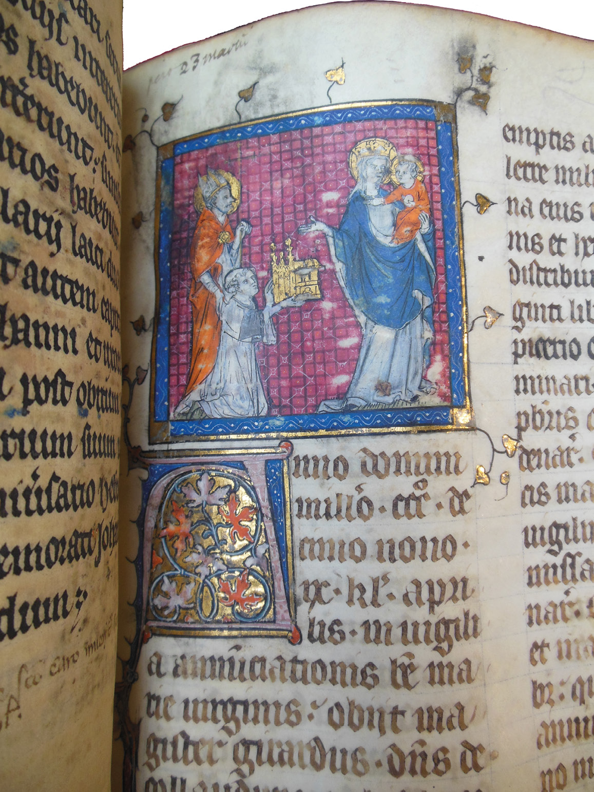 Detail from the Grand Obituary of Notre-Dame, showing Girardus (or Gérard) de Courlandon before the Virgin and Child. He died on March 23, 1319. The miniature shows a Girardus offering a golden gift to the Virgin Mary. The area around Mary has been touched several times.