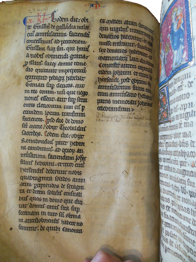Left side of an opening in the Grand Obituary of Notre-Dame, showing Girardus (or Gérard) de Courlandon before the Virgin and Child. He died on March 23, 1319. The miniature shows a Girardus offering a golden gift to the Virgin Mary. The area around Mary has been touched several times, causing some of the paint to liquefy and stick to the other side of the opening.