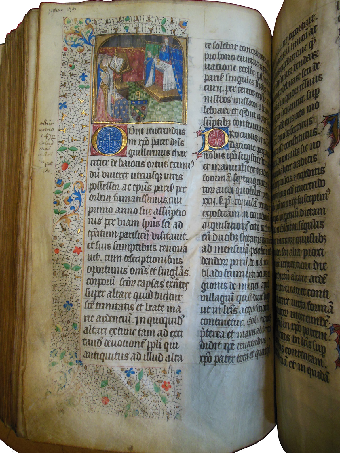 Folio from the Grand Obituary of Notre-Dame. The folio is from an added obituary for Guillaume Chartier, with a miniature depicting a miraculous mass. It was painted in Paris around 1472.