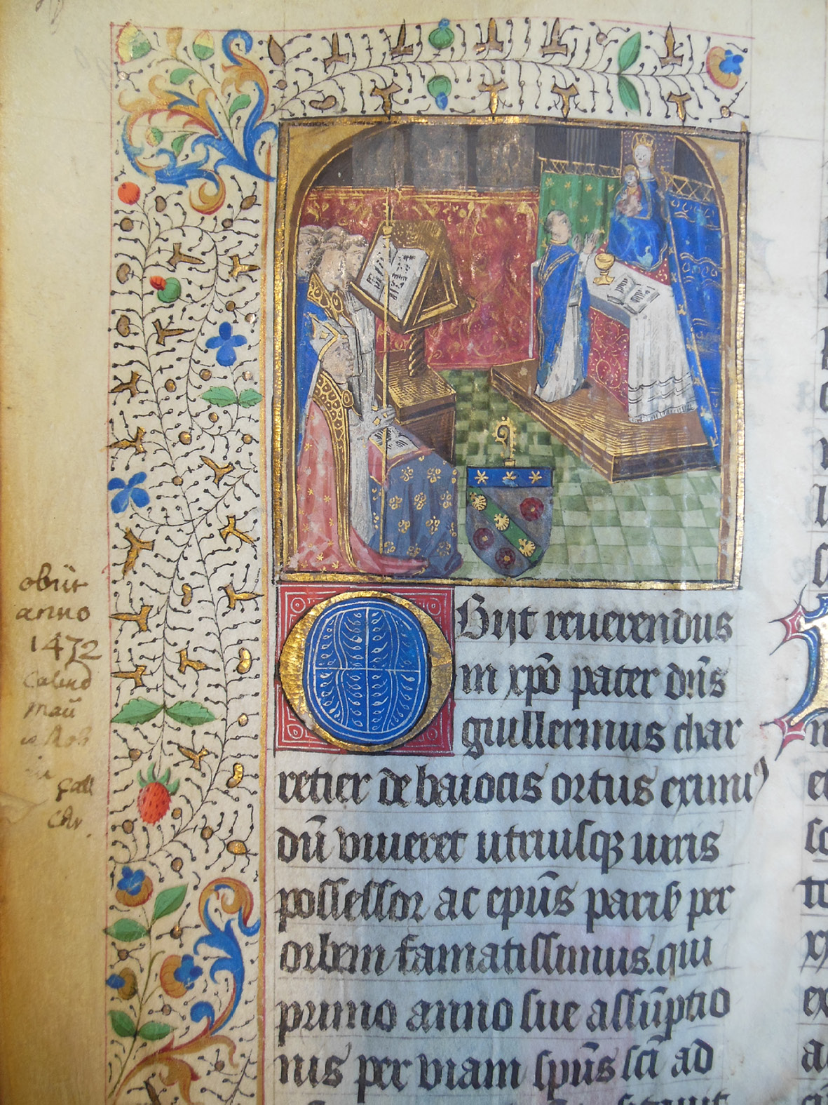 Detail from the Grand Obituary of Notre-Dame. The folio is from an added obituary for Guillaume Chartier, with a miniature depicting a miraculous mass. It was painted in Paris around 1472 and depicts a bishop performing mass at an altar, on which the Virgin and Child appear. Attending are Guillaume Chartier dressed as a bishop, and a chorus singing from a large manuscript.