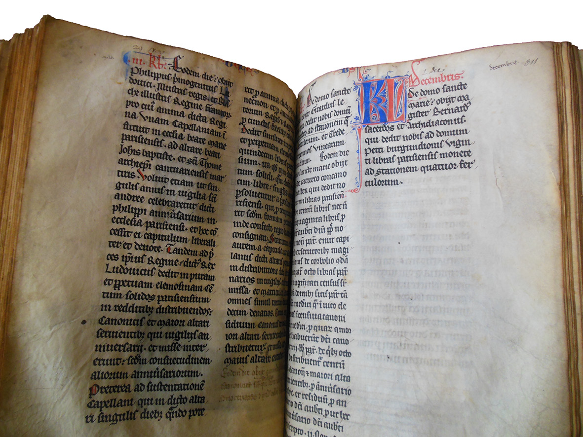 Opening from the Grand Obituary of Notre-Dame. The abbreviation for “Kalens,” in red and blue paint, has been touched with a wet finger.