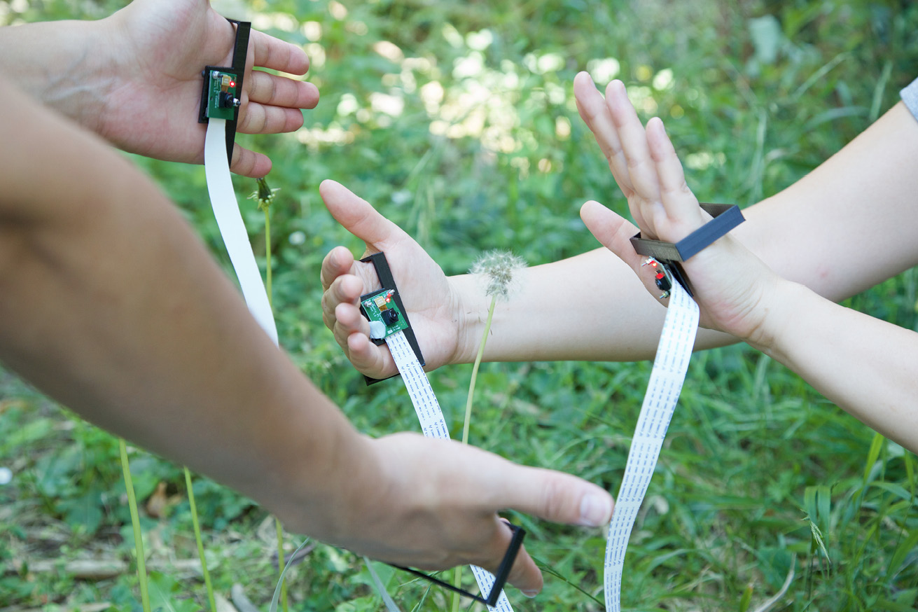 Close-up of four hands holding small simultaneous cameras against a background of grass and dandelions.