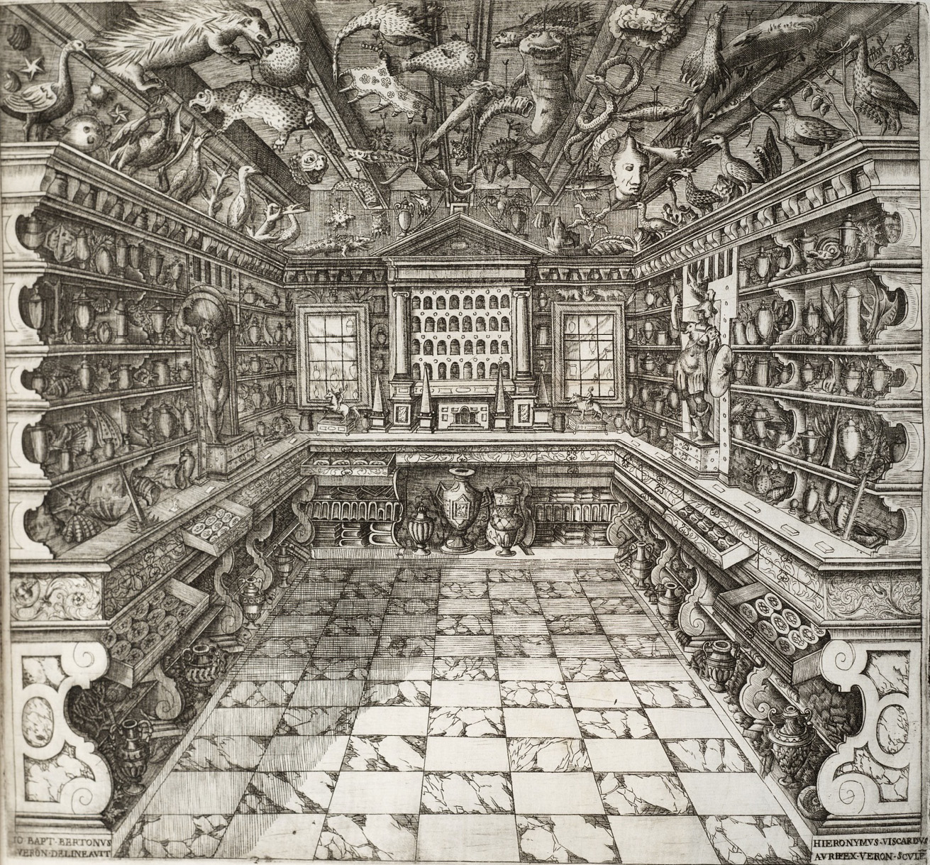 Detailed reproduction of a tiled, overfilled cabinet of curiosities from the Middle Ages displaying human figure and equestrian statues, a large variety of sea shells, stuffed animals, books, suspended mythological creatures, and amphores, among other objects not so clearly rendered.