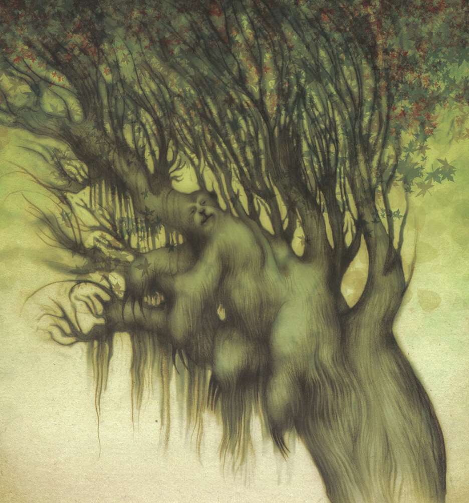 Drawing in a green and brown colour combination depicting the imagined entanglement between a sloth sitting in a maple tree and the tree that seems to be growing its branches out of the sloth?s body.