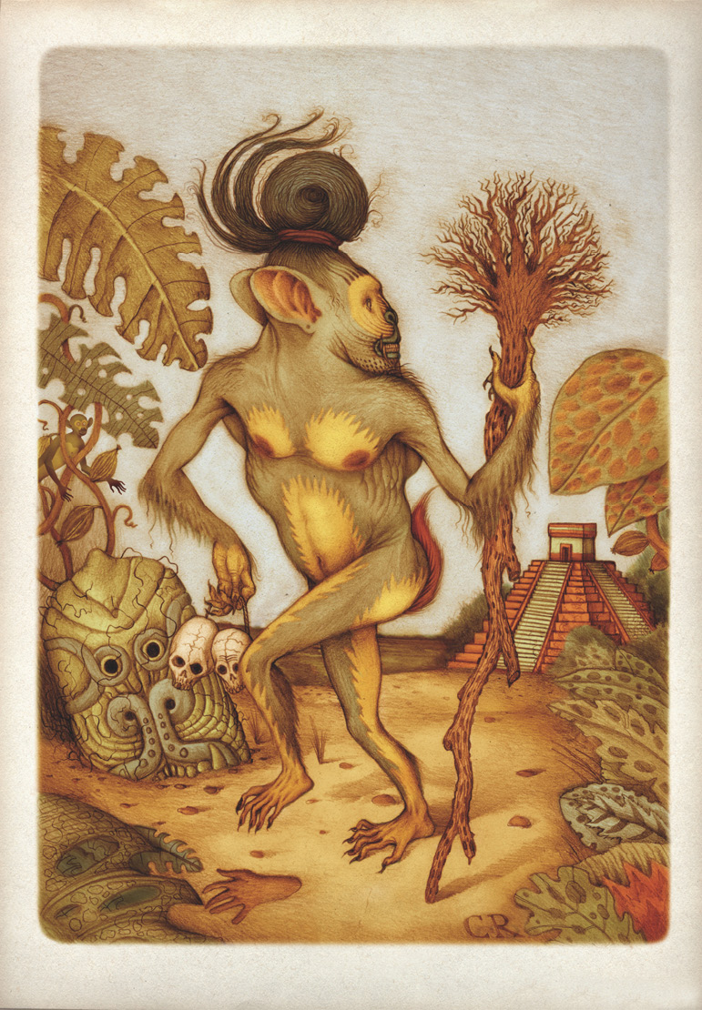 Drawing of a monkeylike figure with long head hair pulled into a bun, standing on two legs and holding a branch and two human skulls. Standing near an Aztec stone carving and surrounded by shrubbery, the figure is looking back at an Aztec pyramid-temple, while also being closely watched by another, much smaller monkeylike figure.