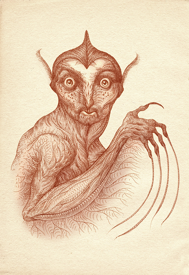 Intricate frontal drawing of a nonhuman figure, imagined with a humanoid face, long ear tufts, and eyes wide open. The figure?s torso is drawn with lines that add a vegetal, leafy texture, while one arm is presented with a five-fingered hand with curbed, overgrown nails.