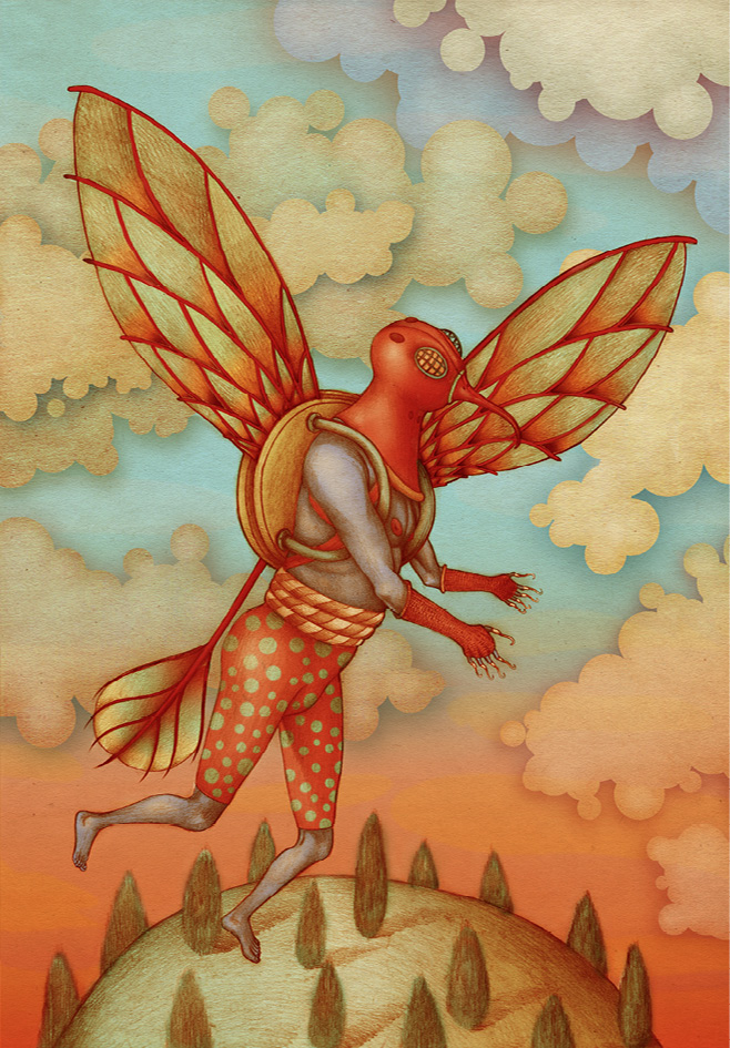 Vividly coloured side drawing of a humanoid figure flying above forested land, imagined wearing knee-length leggings with dot print, a mask resembling the head of a fly, fingerless gloves, and three insect wings attached to a shield fastened round the figure?s back.