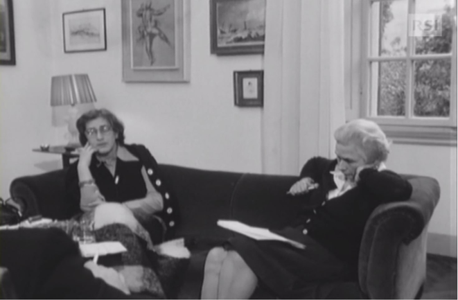 Frame from E. Romero’s interview with E. Bonnėr (on the left), accompanied by M. Olsuf’eva (on the right), 1976. © RSI