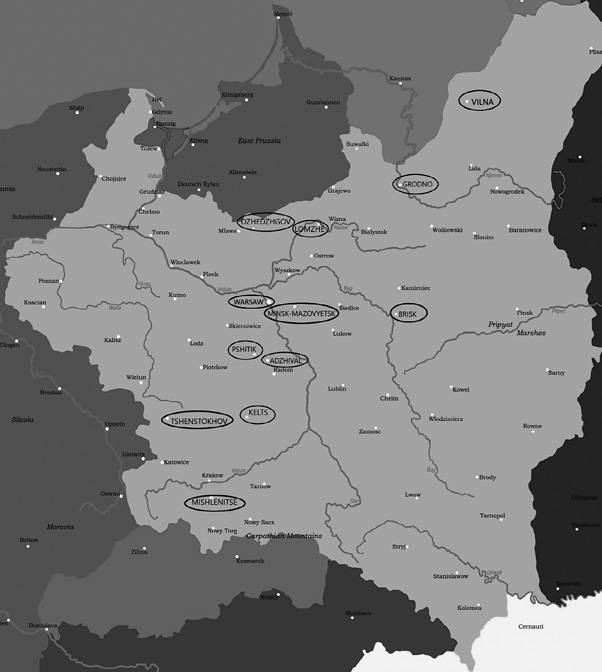 A map of Poland in August 1939 showing the locations of twelve anti-Jewish riots that took place between 1935 and 1937 and are referred to as pogroms in the literature. The twelve pogroms took place in towns and cities running along a diagonal from southwestern to northeastern Poland.
