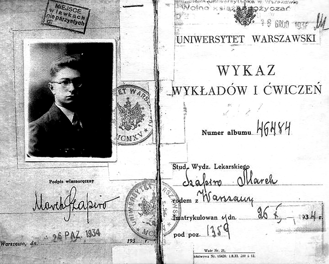 First pages of the “List of Lectures and Exercises” for medical school student Marek Szapiro, University of Warsaw, 1934. The stamp above the photo reads, “SEATING in benches with an odd number.”