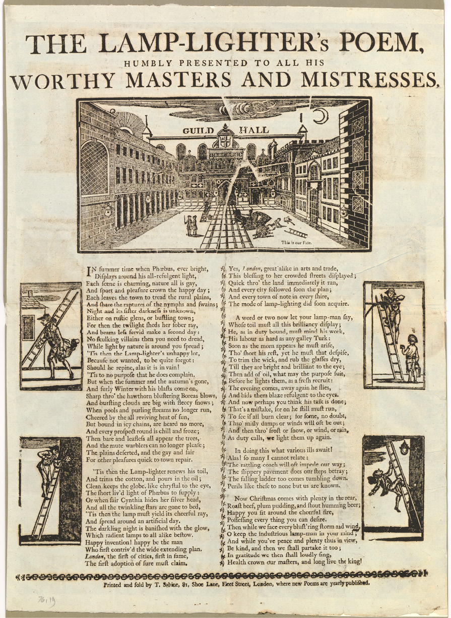 The sheet shows the title (“The Lamp-lighter’s poem”) and a black-ink illustration in its first half: a square between three buildings in perspective, two people walking, a carriage, and a man falling from a ladder. The captions in the illustration recite “Guild Hall” on the top in capital letters and “this is our fate” on the bottom right in smaller size. In the second half of the page, two columns of text and four illustrations are on their side: they show men on stairs lighting lamps.