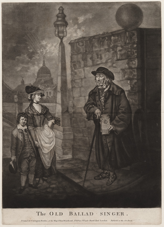 A man in a black coat and hat sells songs printed on paper while leaning on a cane. He stands at a crossroad, at the beginning of a bridge over a river. Two passers-by, a woman and her son, stand by and watch him. In the background, the dome of a church is visible.