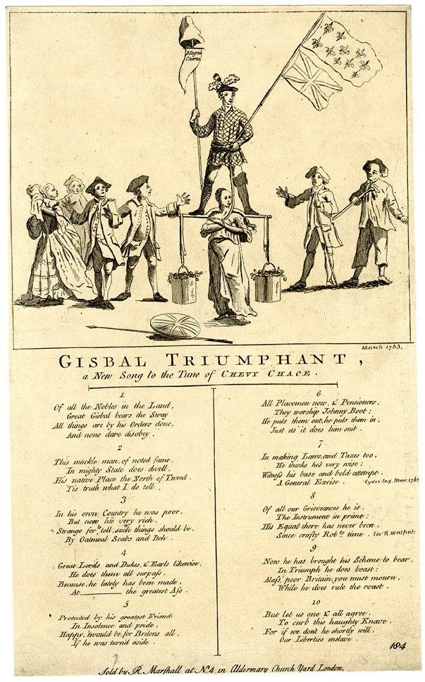 A light-yellow sheet of paper: the second half of it shows a song in ten stanzas, while the first half has an illustration in black ink. In the latter, a man is holding three flags (among them, UK’s flag) while standing on a man-like scales. Two women and four men act surprised around him. A shield and a spear are lying on the ground.