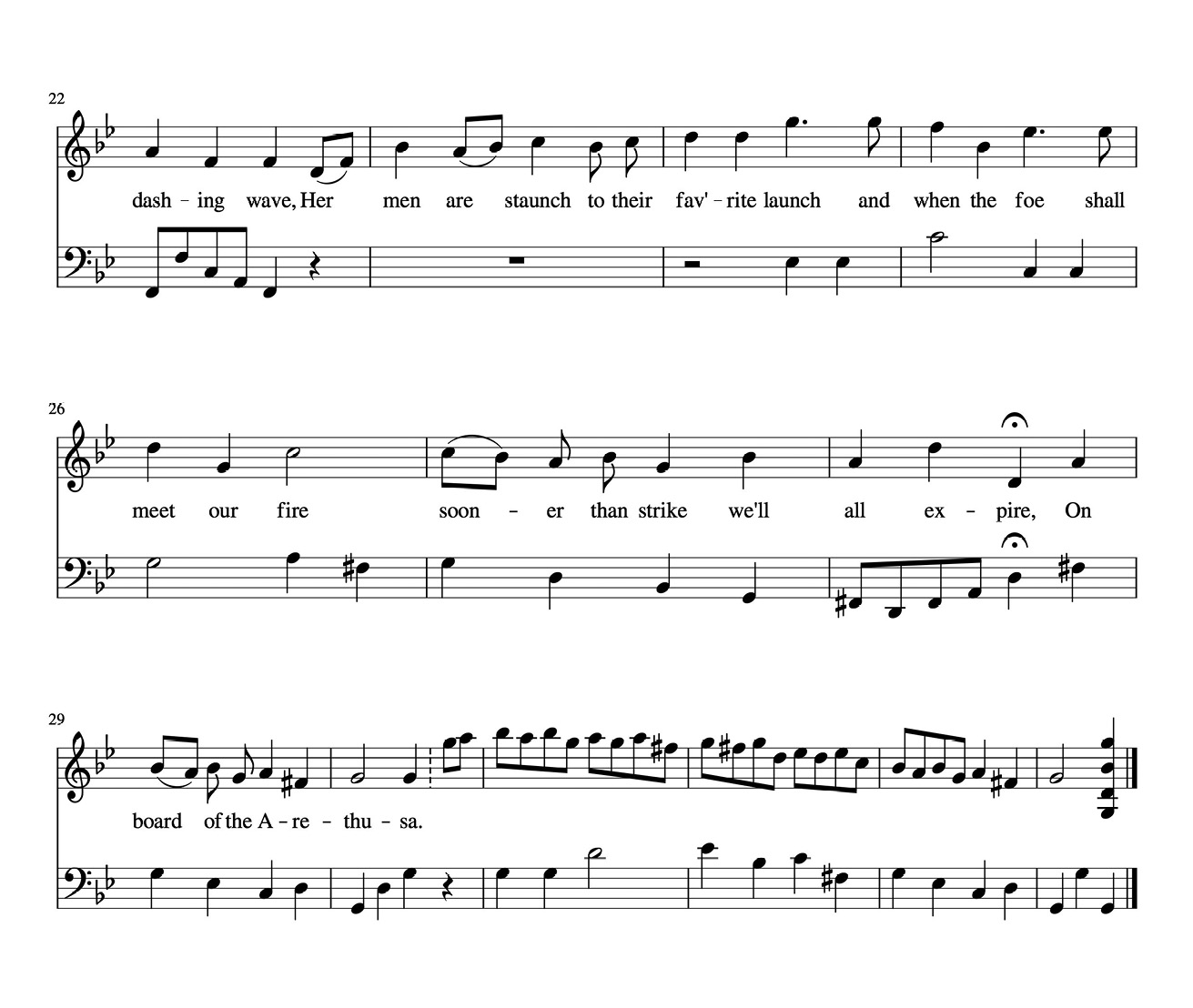 William Shield’s arrangement of ‘The Arethusa’ (first stanza, continued)
