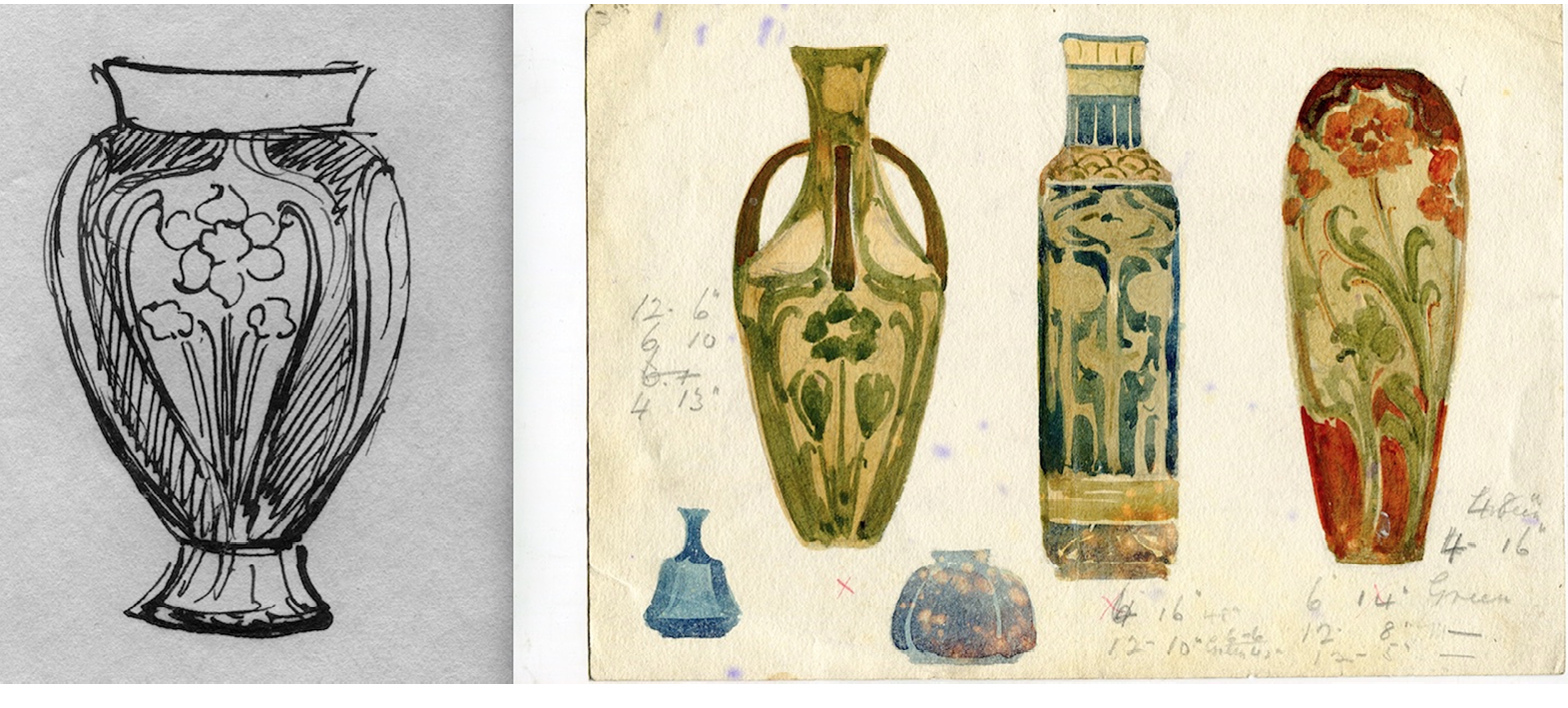 An ink sketch of a design for an urn-shaped vase decorated with Narcissi and a paper with five painted design sketches with pencil annotation.,,,