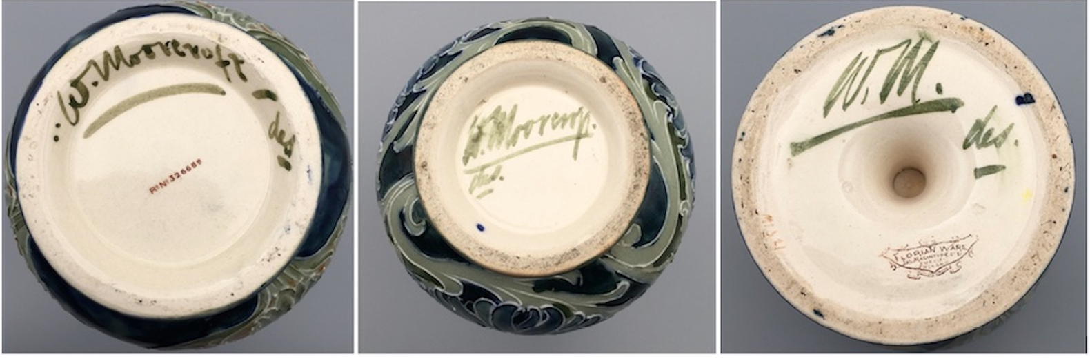 The bases of three pots showing Moorcroft’s early signature and initials: name written in full around rim, followed by des.; name written in a more flowing style across base, followed by des.; initials, plus des., across base. ",,,
