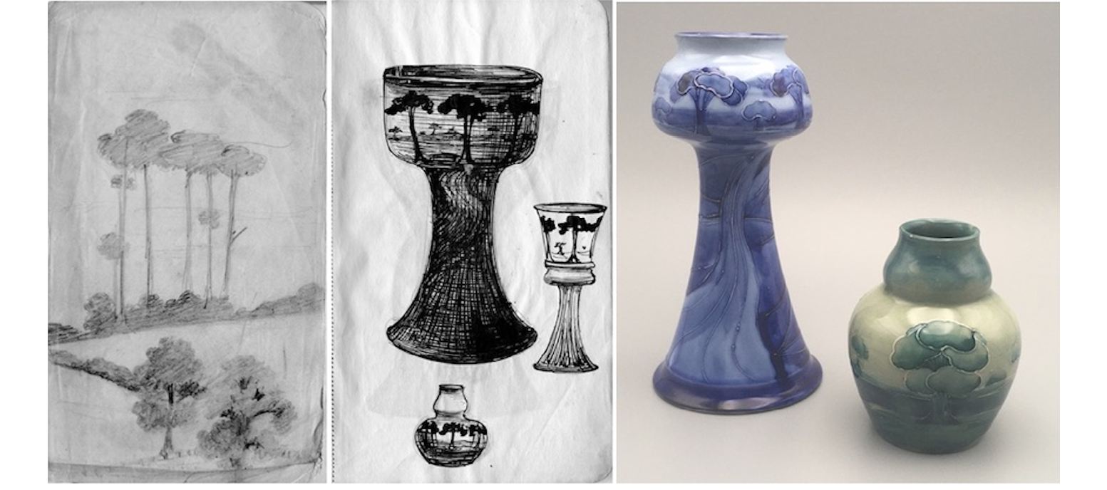 Sketch of a landscape and drawing of three vases with tree designs: two with flared stems and trees encircling the bowl, one with trees around the body and an undecorated neck. Examples of two pots based on these sketches. ",,,