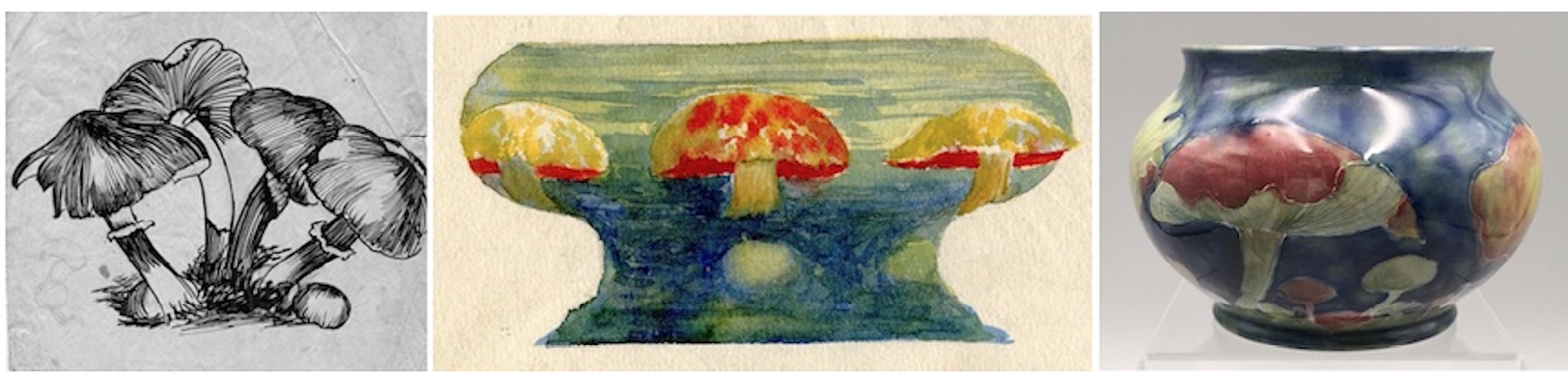 A drawing of toadstools at different stages of growth; a painted sketch of a bowl with red and yellow toadstools on a blue ground; a bowl with numerous toadstools in red, yellow and cream on a washed blue ground.",,,