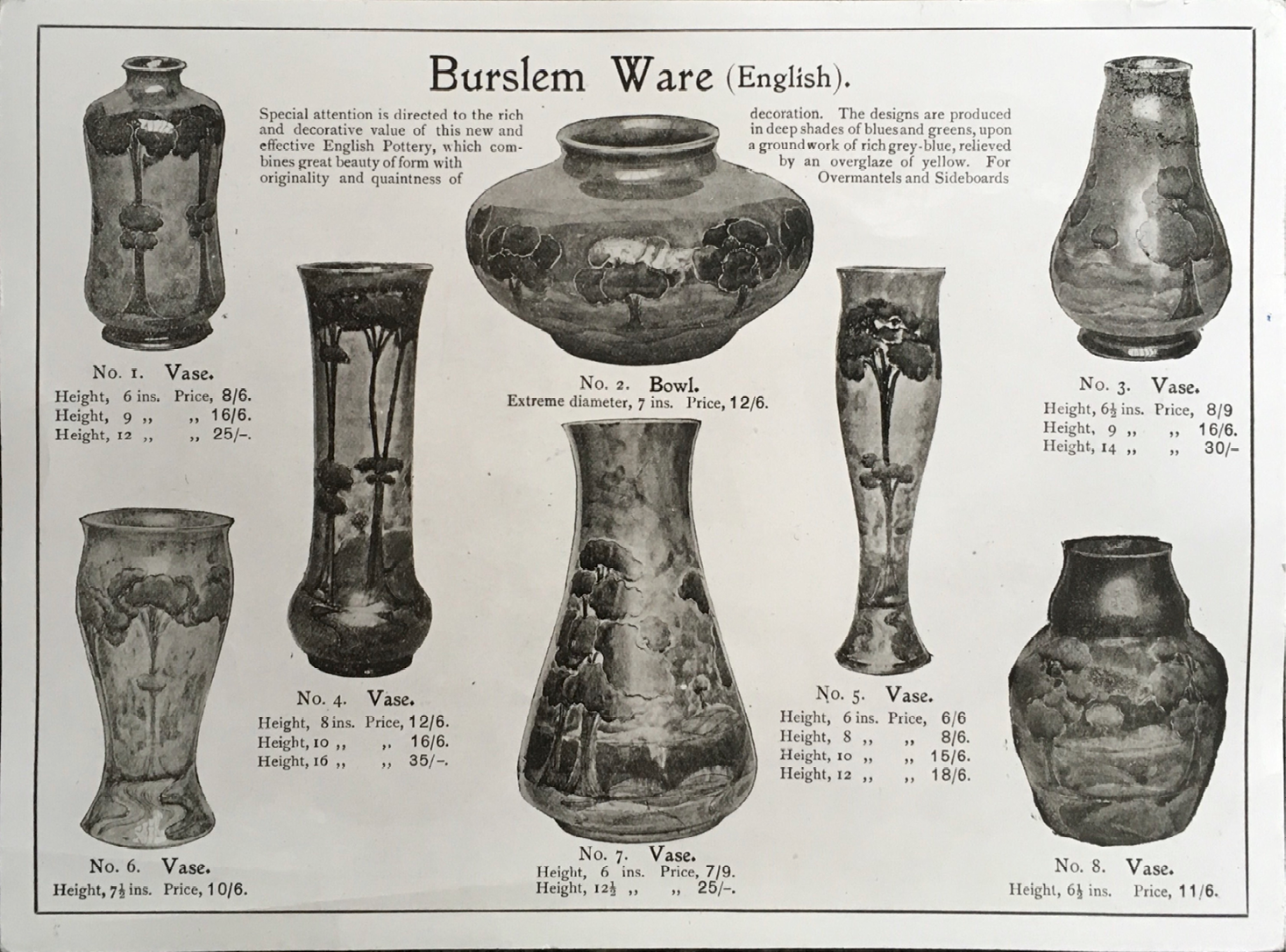 A page from Liberty’s Yuletide catalogue showing eight different vases with Tree motifs, giving details of sizes and prices.",,,