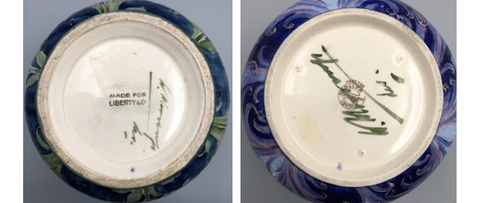 The bases of 2 pots: one with a printed stamp ‘Made for Liberty & Co.’, the other with a circular stamp reading ‘Osler London’ round the circumference, and ‘Hesperian Ware’ across the centre. ",,,