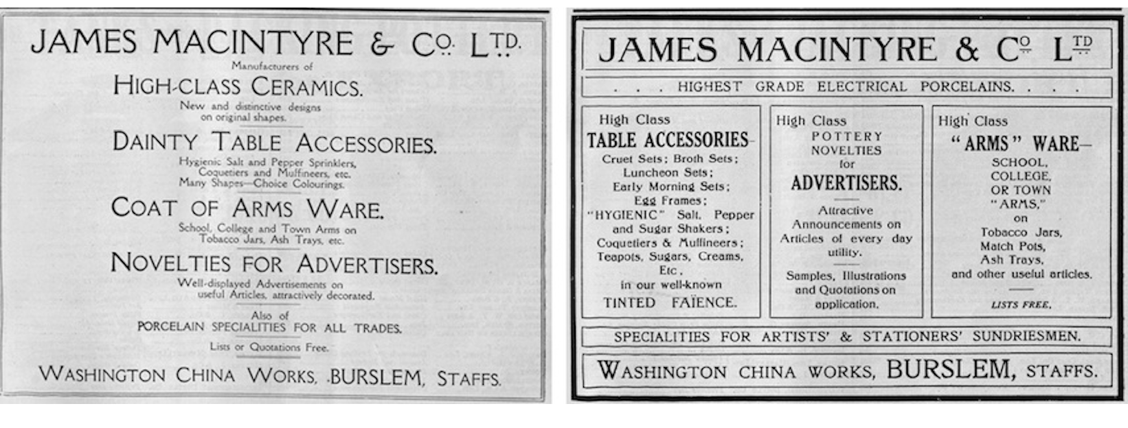 Two contrasting advertisements for James MacIntyre & Co in the Pottery Gazette, March and April 1913. In March, ‘High Class Ceramics’ is one of four highlighted productions; in April this entire section has been removed.",,,