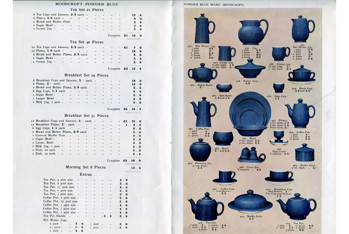 A leaflet for Powder Blue tableware.   On one page is a price list, on the other are colour sketches of the items, including tea pots, coffee pots, cups and saucers, plates, bowls, jugs, cruets, egg cups, muffin dish and butter dish.   ",,,