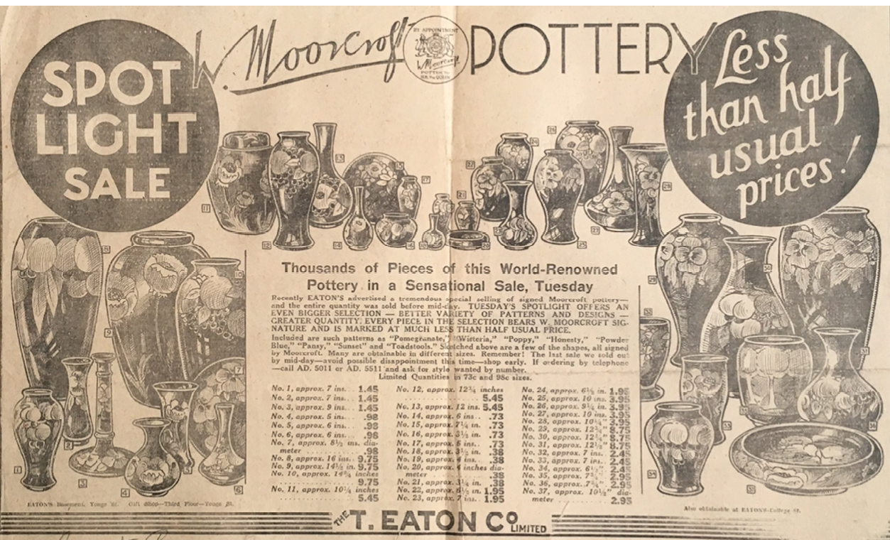 The advertisement highlights a ‘Spot Light Sale’ with wares at ‘Less than half usual prices’. Sketches of assorted pots and designs surround a text headed ‘Thousands of Pieces of this World-Renowned Pottery in a Sensational Sale’. ,,,