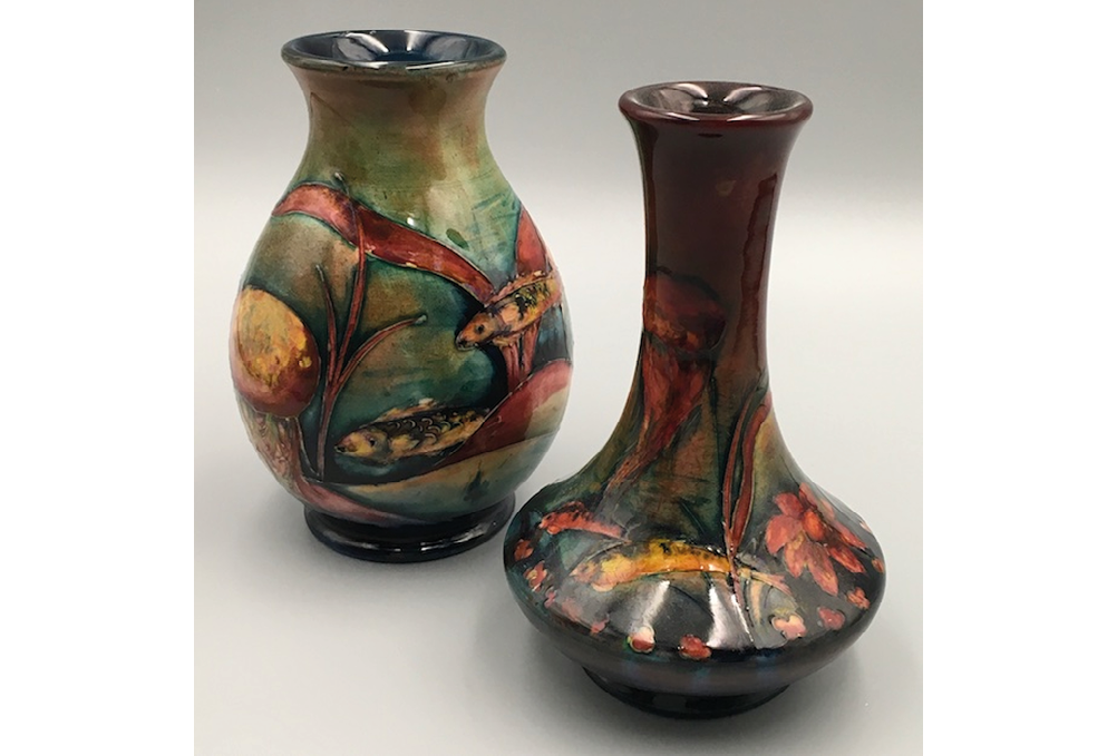 Two vases with fish and jellyfish motifs, each exhibiting a wide range of deep colours under a flambé glaze. ",,,