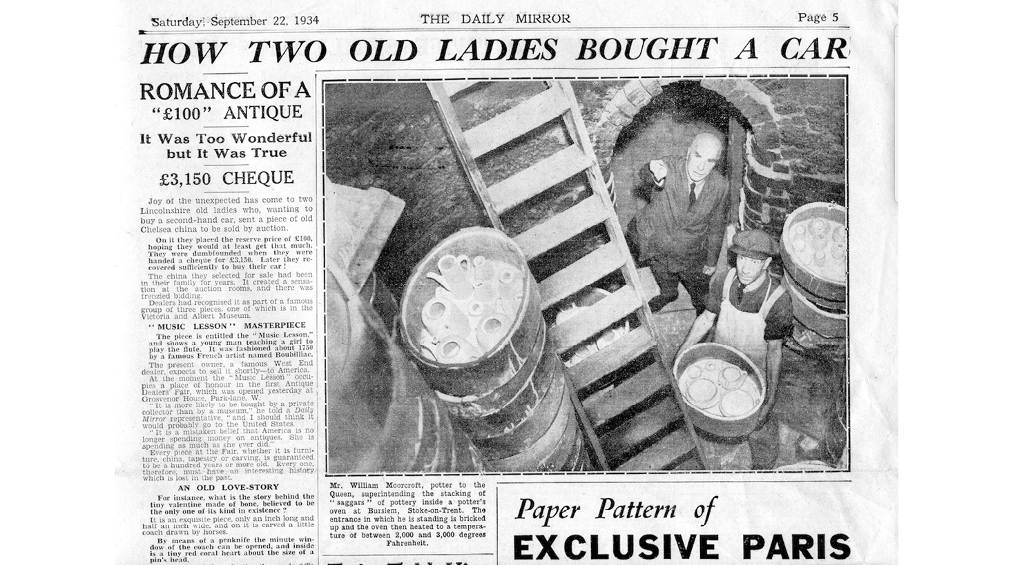 The photo, taken from above, shows Moorcroft directing the placing of saggars in the kiln. The saggars are stacked, and we can see the pots inside the topmost. There is a ladder for the placer to reach the top of the stacks.