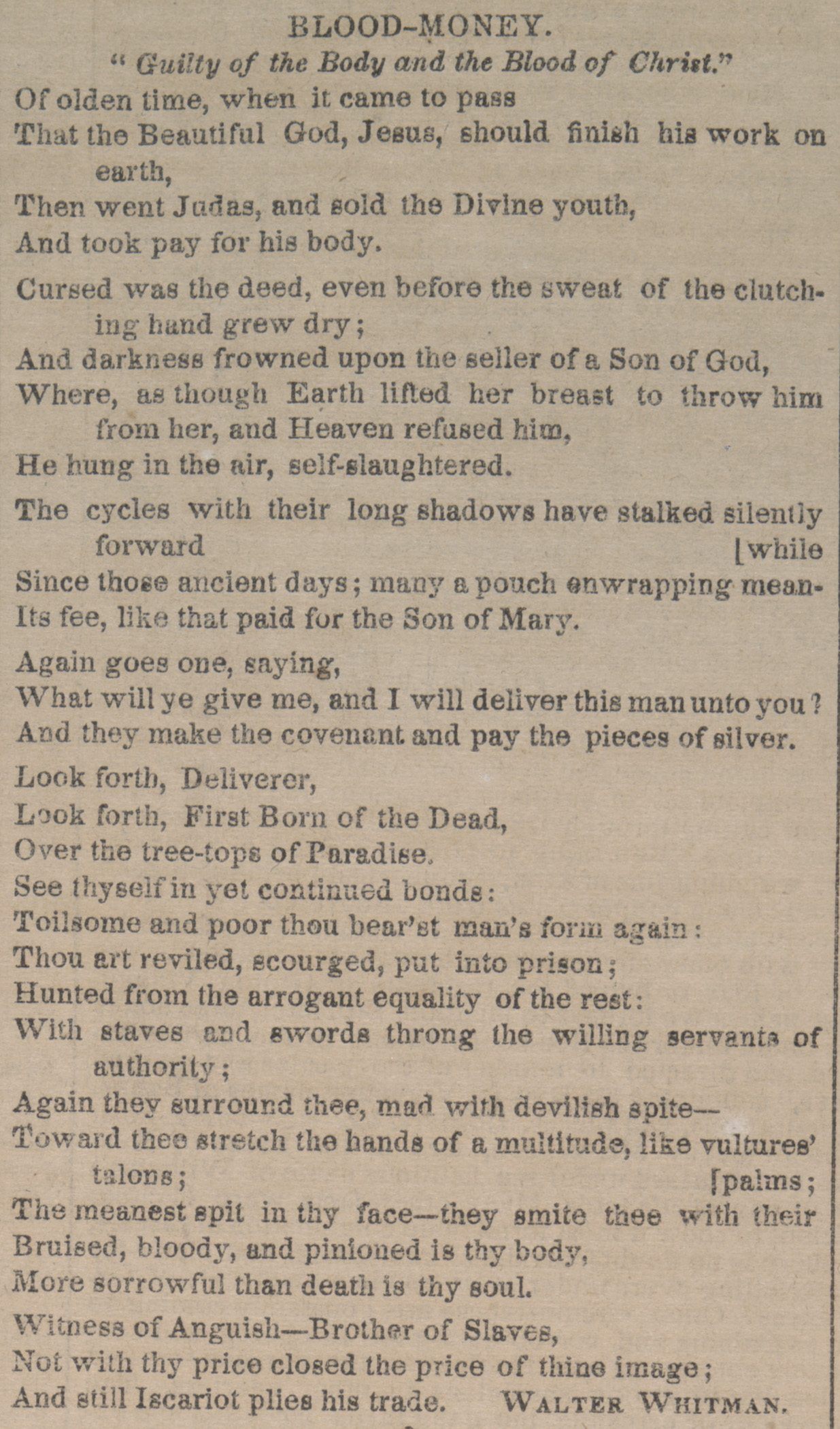 A scan of a section of a newspaper page with the poem 'Blood Money' printed on it.