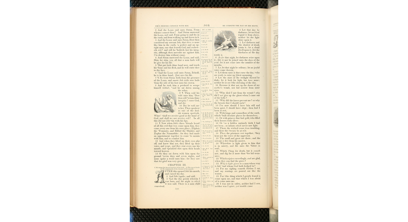 A page from Harpers Illustrated Bible with black and white illustrations of Job with sore boils being treated, and of Job sitting partially clothed and reaching for the sky.