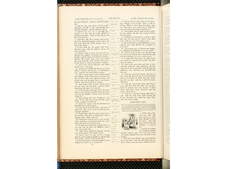 A page from Harpers Illustrated Bible with black and white illustration of a childless Rachel looking sad next to her sister's large family.