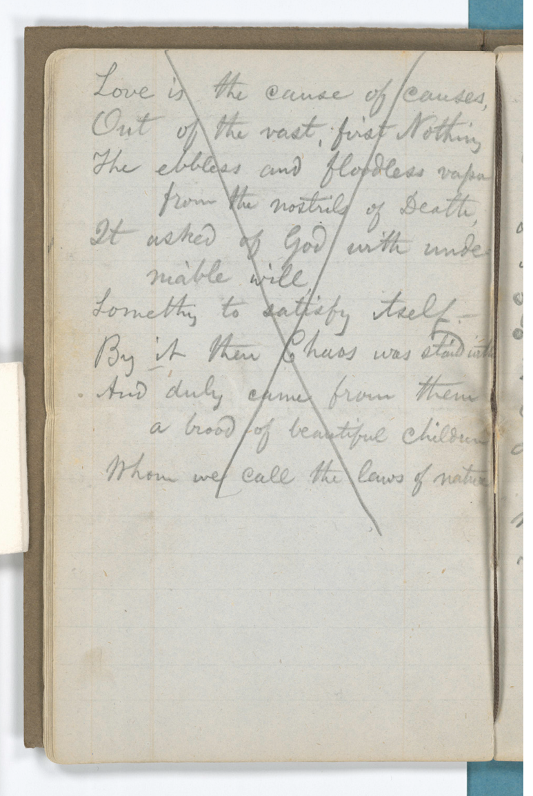 A small notebook: this appears to be the left-hand page of the notebook pictured in the previous image. It contains pencil handwriting, but this is much cleaner, without any crossings-out. Again, the whole page is scored through with a large pencil cross.