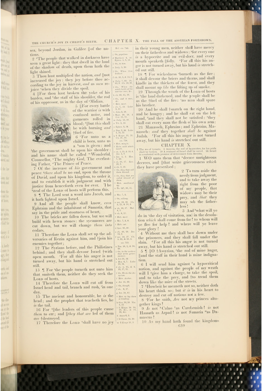 A page from Harpers Illustrated Bible with black and white illustrations of soldiers on horseback riding into battle, and of Mary and baby Jesus.