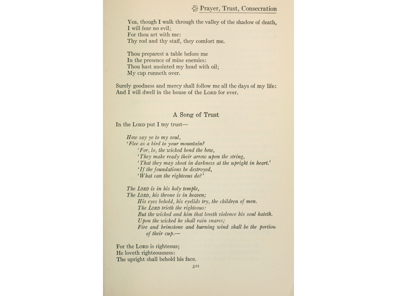 Page 321 of a printed book, showing the rest of Psalm 23 and the start of Psalm 11 (In the Lord put I my trust).