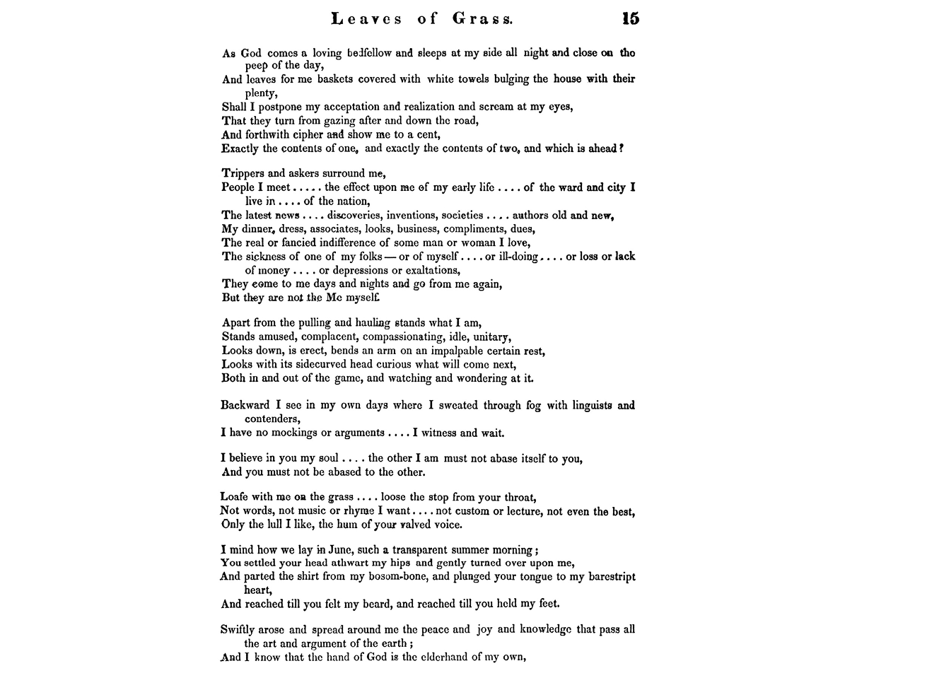Page 15 of a printed book edition of Leaves of Grass.