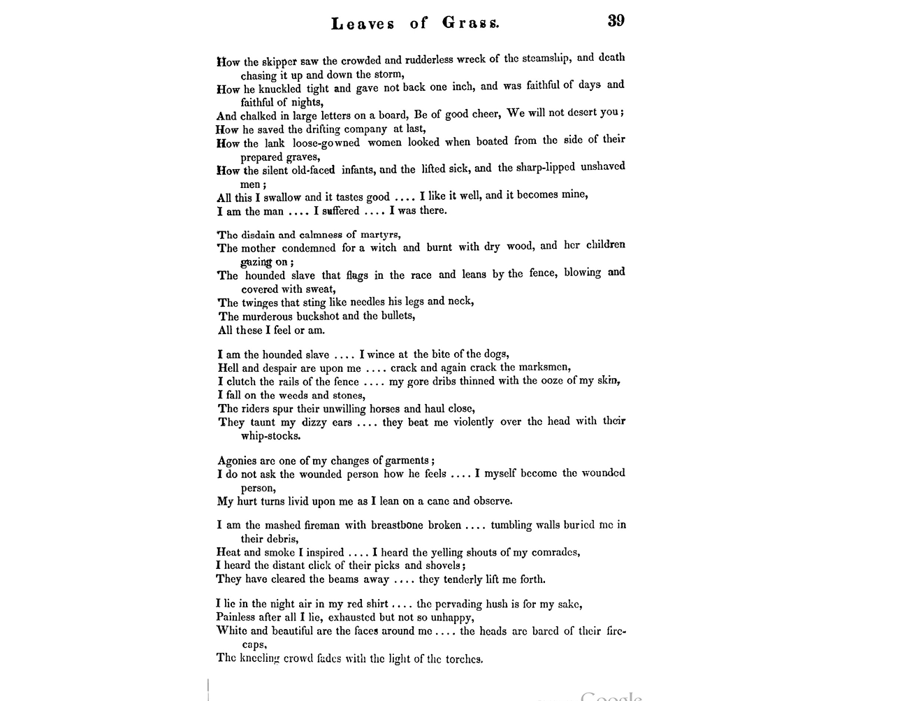 Page 39 of a printed book edition of Leaves of Grass.