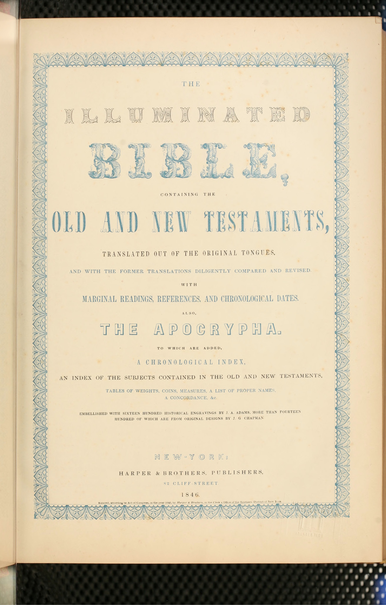 Title page of Harpers Illuminated Bible, with ornate lettering decorated in blue.