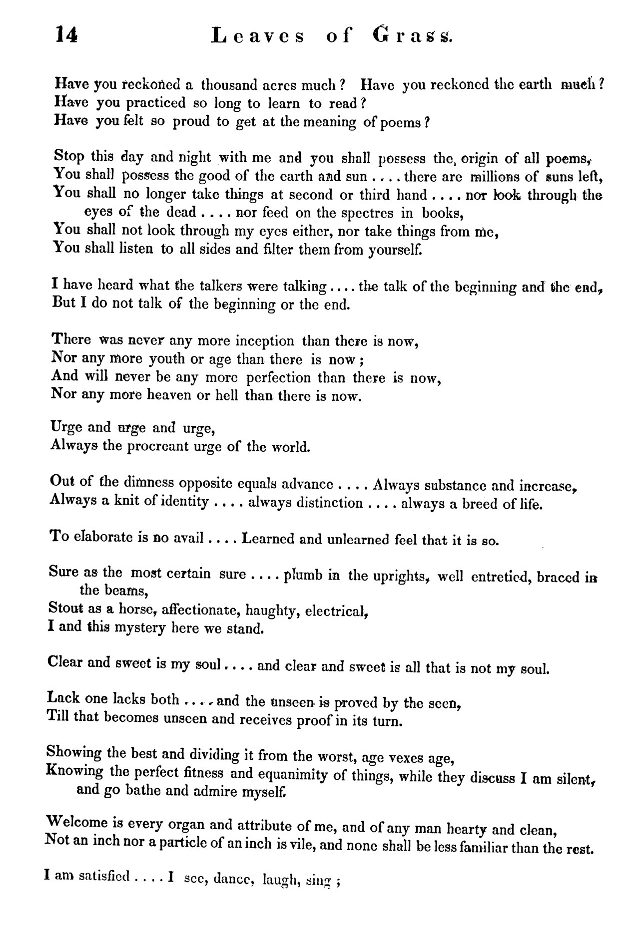 Page 14 of a printed edition of Leaves of Grass.
