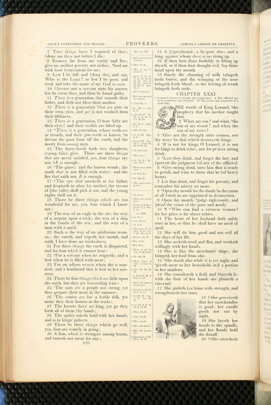 A page from Harpers Illustrated Bible with black and white illustration of a woman in a long-sleeved dress with headscarf holding a spindle.