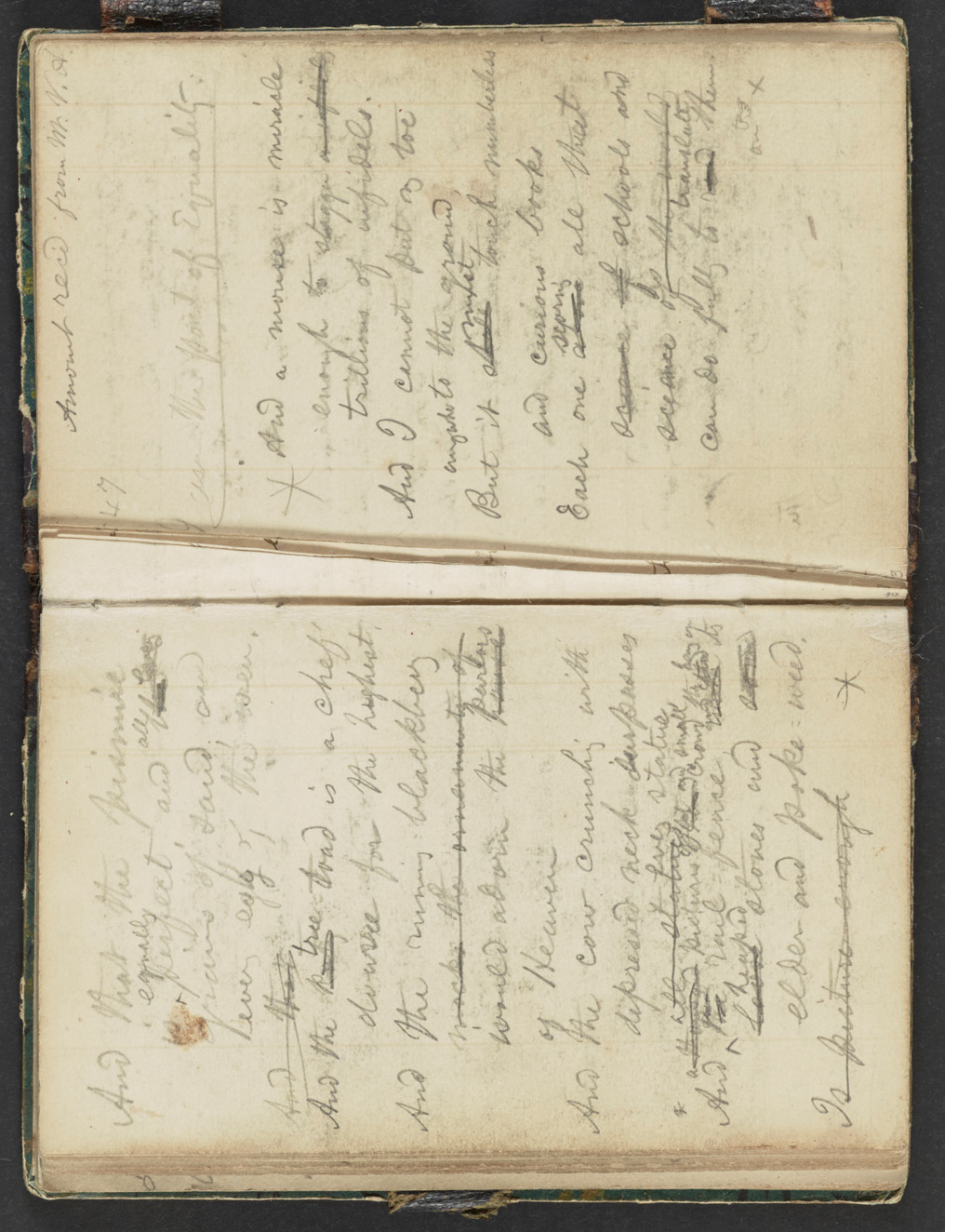 A notebook opened up and showing two pages of notes handwritten in pencil, with a number of crossings-out and overwritings.