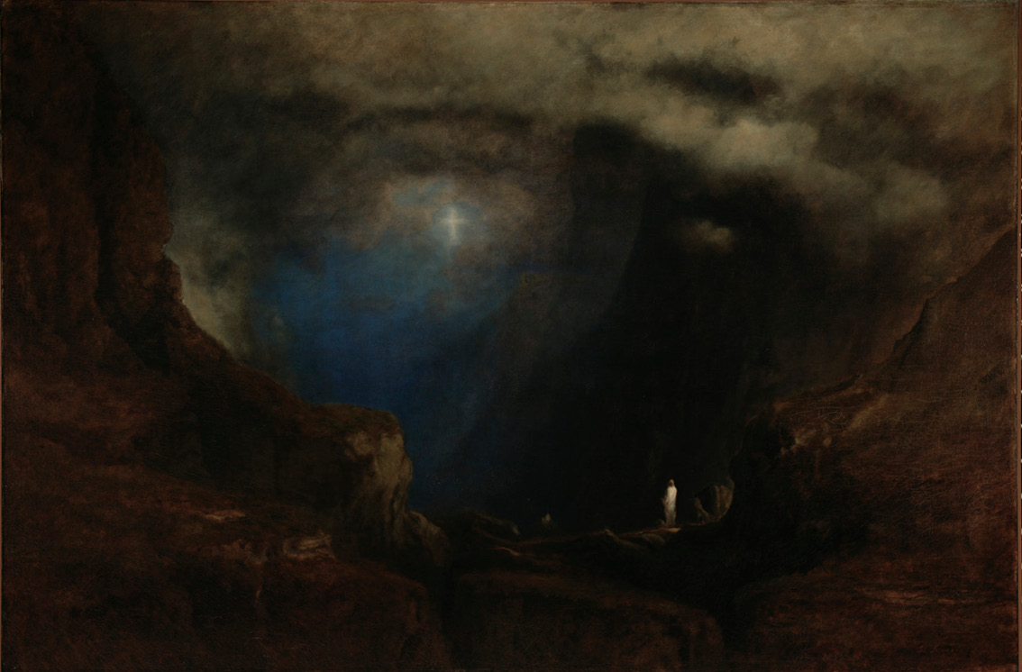 A painting by George Inness entitled 'The Valley of the Shadow of Death'. Depicts a tiny robed figure in white, standing with his back to the viewer in a dark, forboding mountain pass with a small, luminous cross visible in a dark, heavily clouded sky