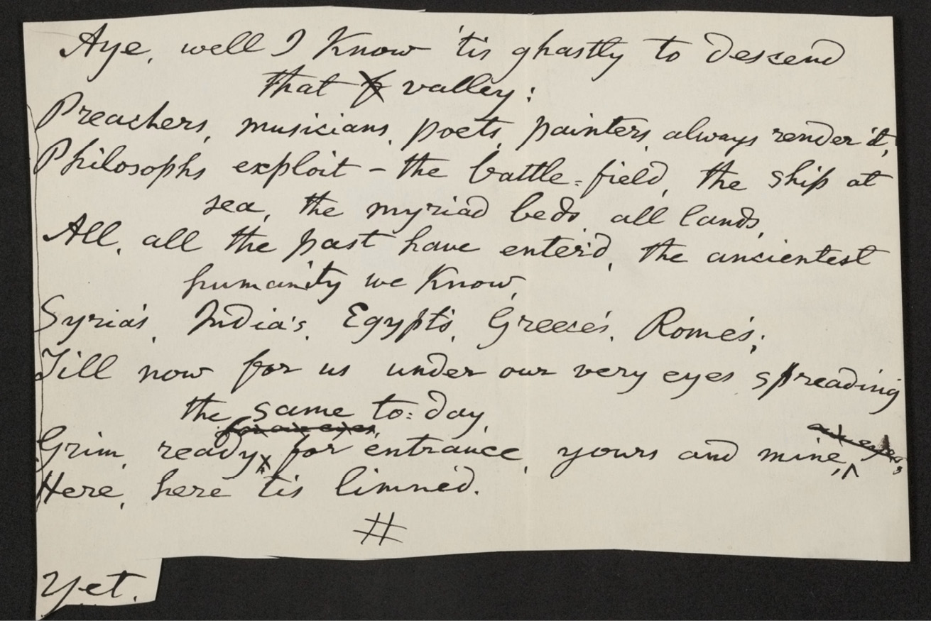 A scrap of paper containing a note in black ink handwriting with a few crossings-out, which begins 'Aye, well I know 'tis ghastly to descend that valley'.