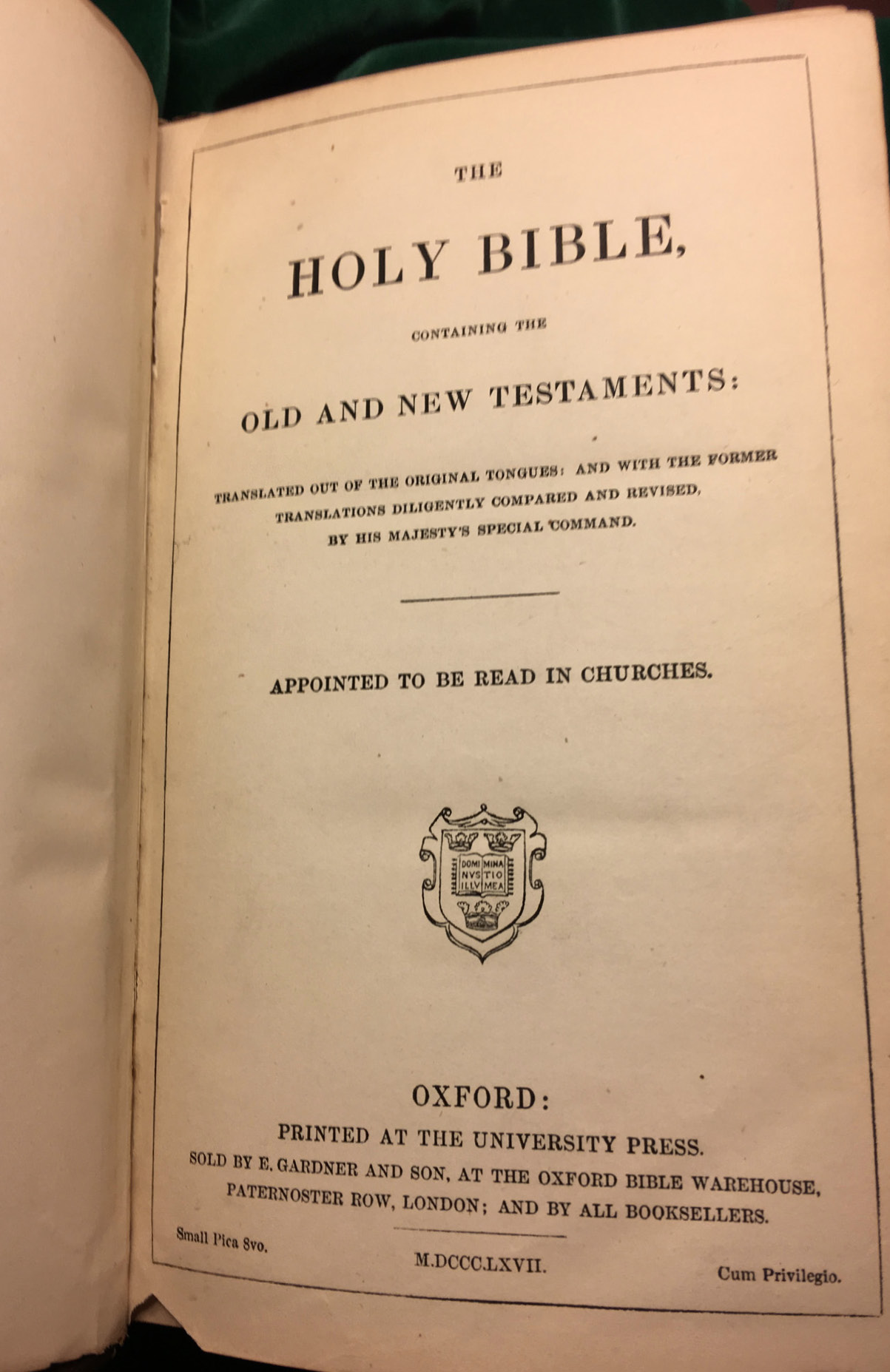 Title page of Oxford Holy Bible, black and white, austere in style.