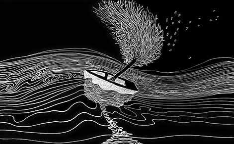 ‘Hope’ by George Sfougaras,"Black and white drawing of a boat sailing in waves, with a tree placed on it. The tree has leaves falling from it and its shape is reflected in the water.